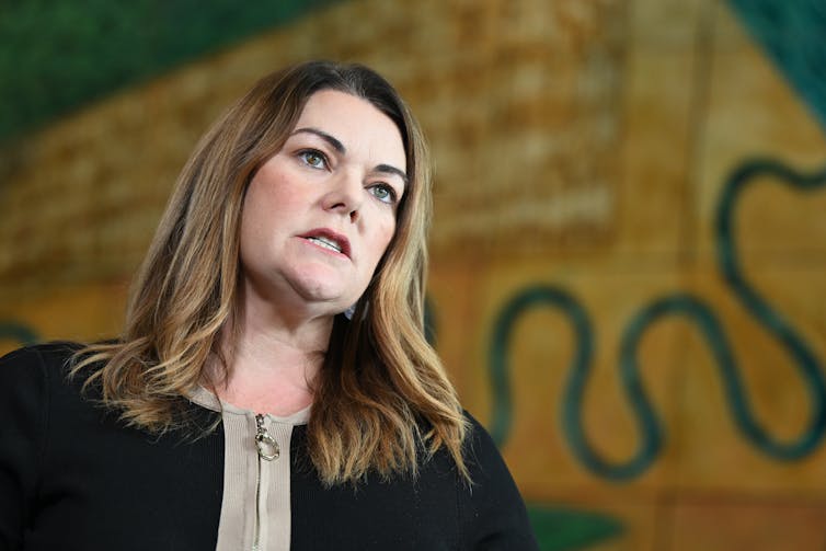 A close up photo of Green Senator Sarah Hanson-Young, who has long dark hair and is wearing a black and beige top.