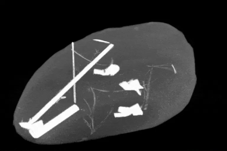 Metal crystals inside a blob of liquid metal