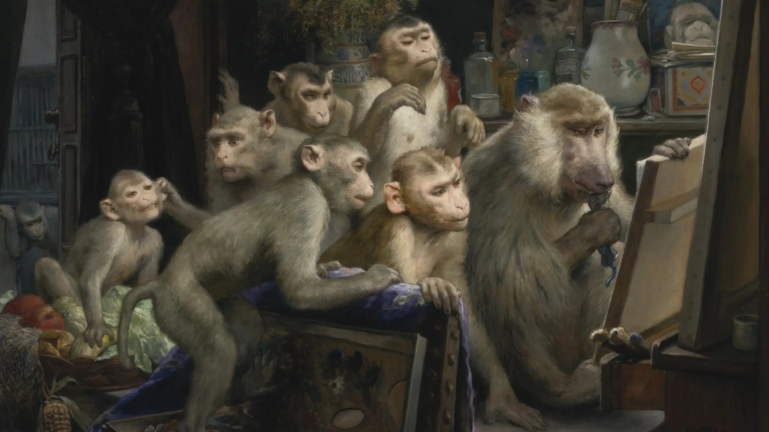 Cuadro en el que un grupo de monos observan una pintura en un caballete.