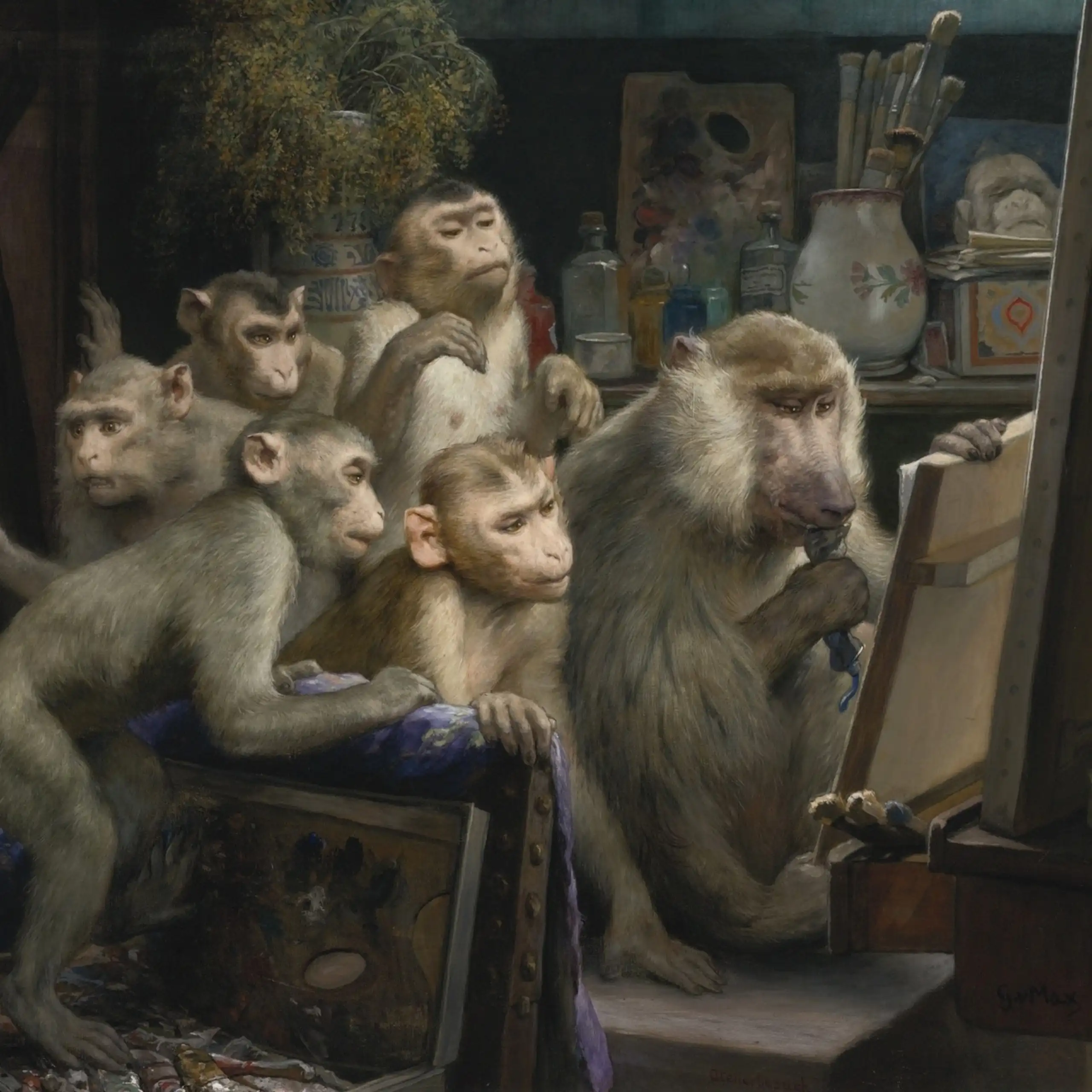 Cuadro en el que un grupo de monos observan una pintura en un caballete.