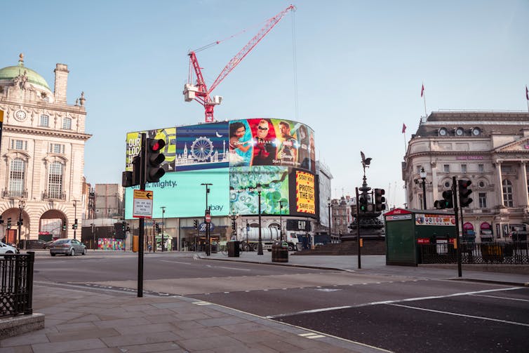 Piccadilly Circus during lockdown. No pedestrians.