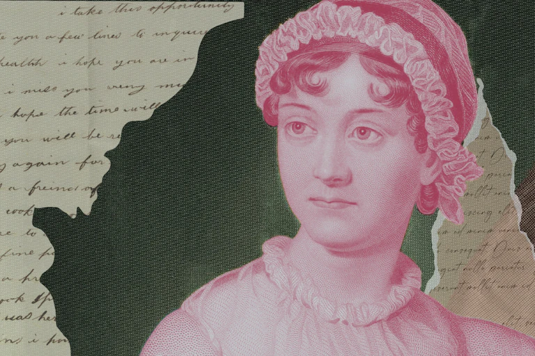 Jane Austen's portrait with scraps of letters