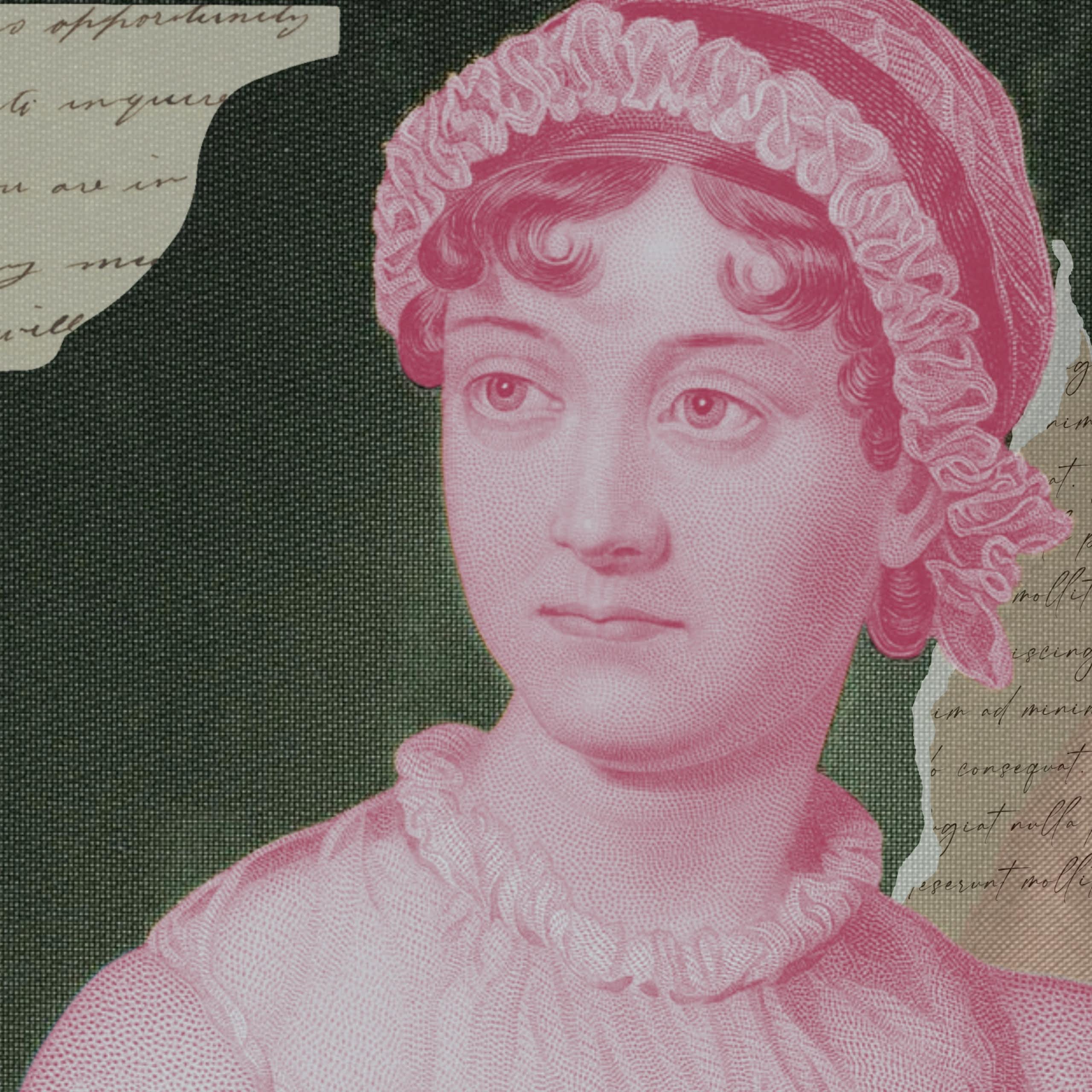 Jane Austen's portrait with scraps of letters