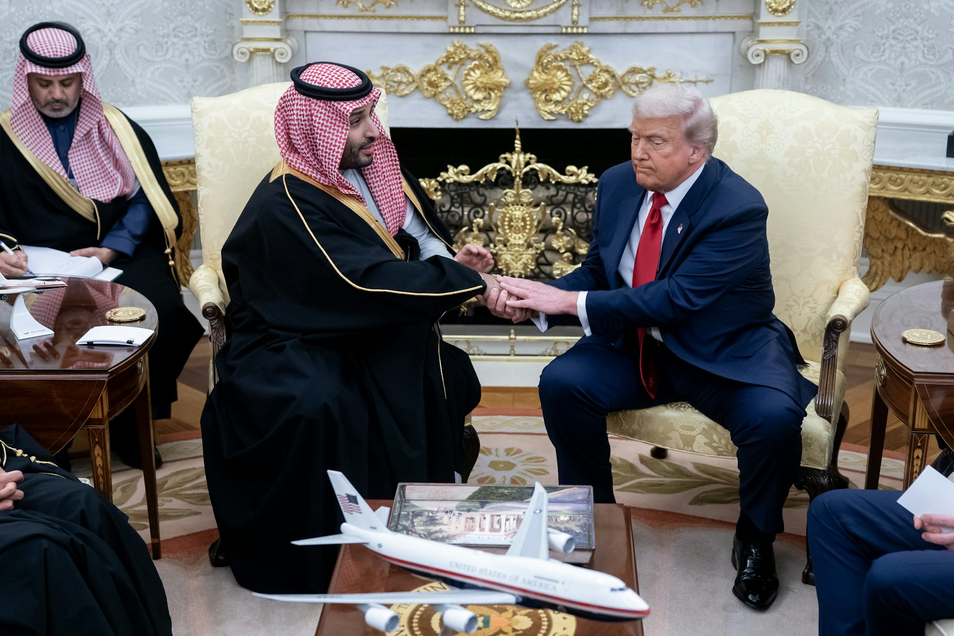 Saudi crown prince, Mohammed bin Salman, is welcomed to the Oval Office by the US president, Donald Trump.