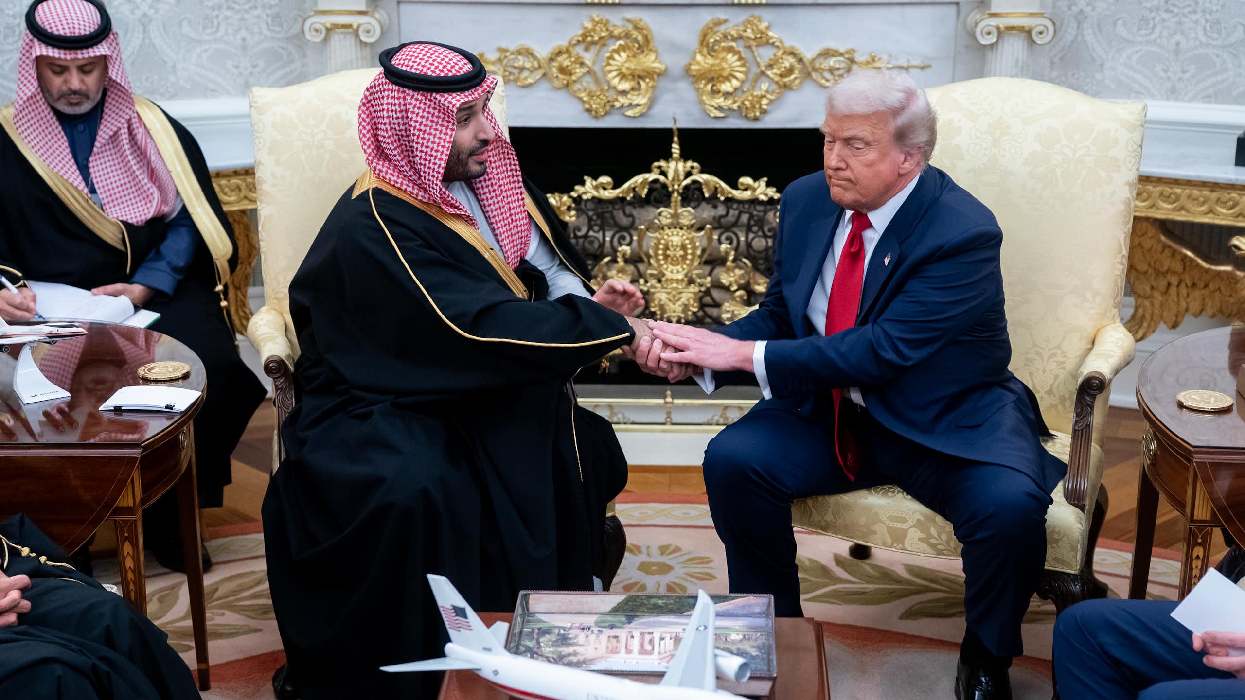 Saudi crown prince, Mohammed bin Salman, is welcomed to the Oval Office by the US president, Donald Trump.