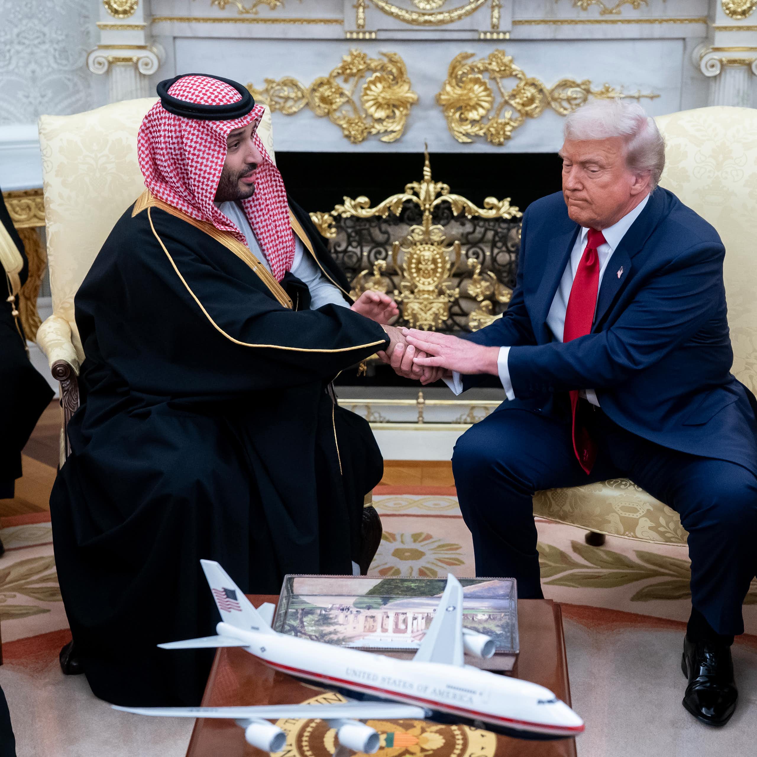 Saudi crown prince, Mohammed bin Salman, is welcomed to the Oval Office by the US president, Donald Trump.