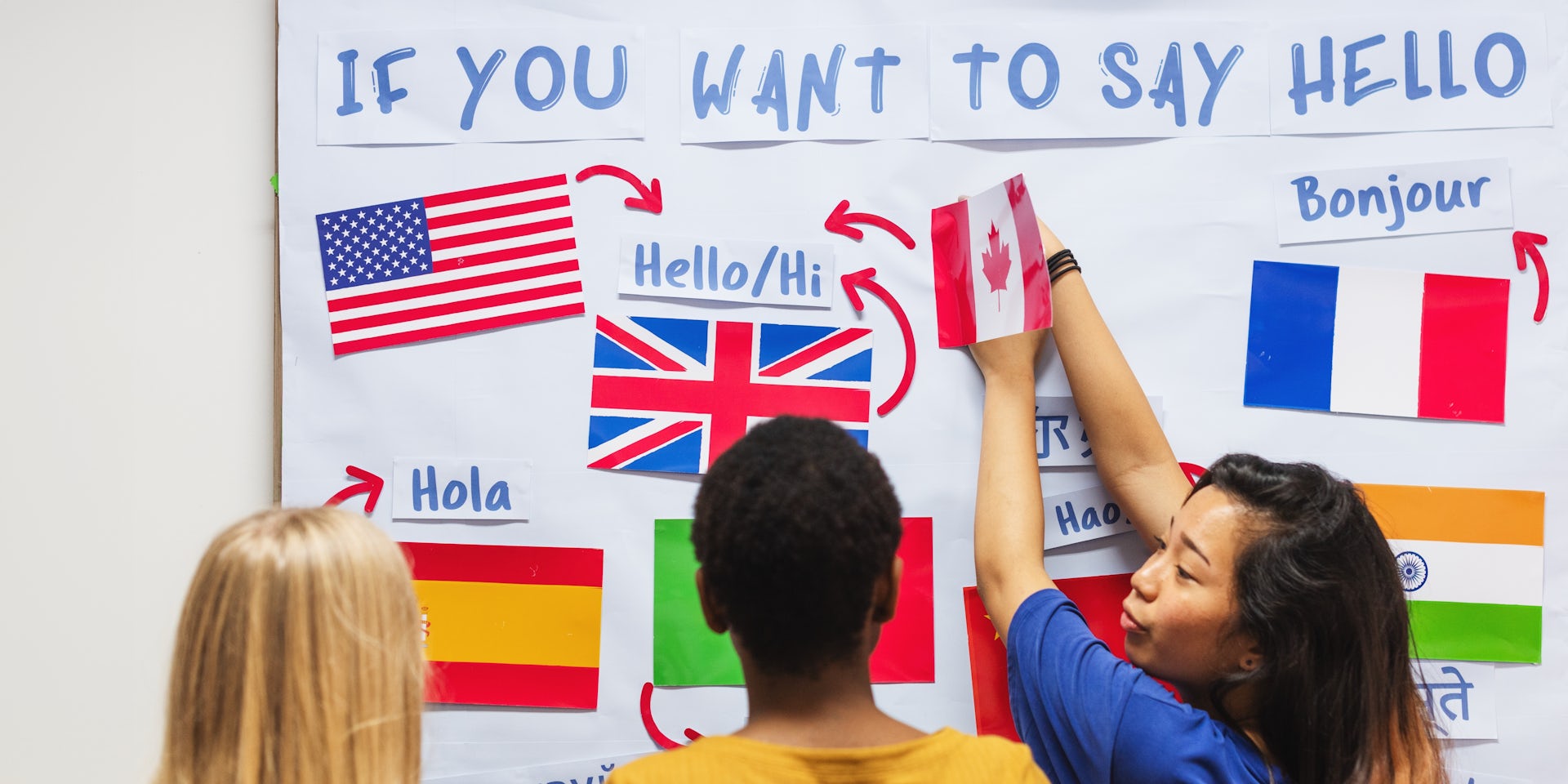 three people stood at wall with colourful country flags, words on board spell ' if you want to say hello'