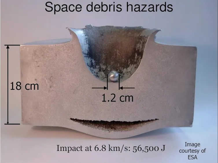 A large cavity made in a piece of metal from a tiny sphere