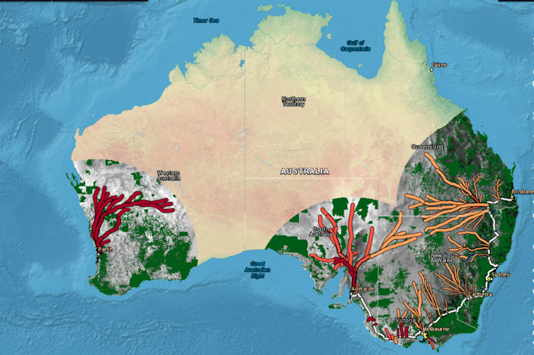 map of australia showing possible transmission lines.