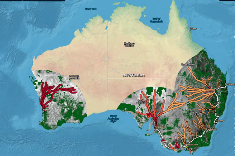 map of australia showing possible transmission lines.