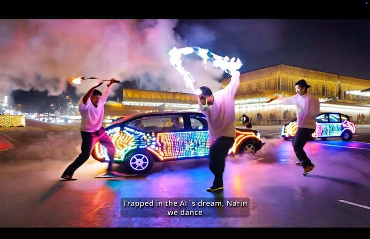 Three men around a neon-lighted car. Caption reads 'Trapped in the AI's dream, Narin we dance'