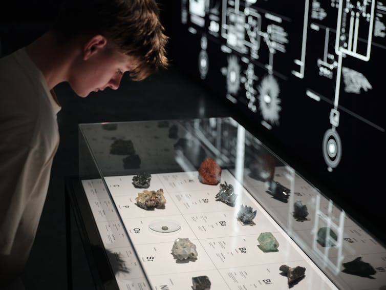 A man looks at various elements in a display case.