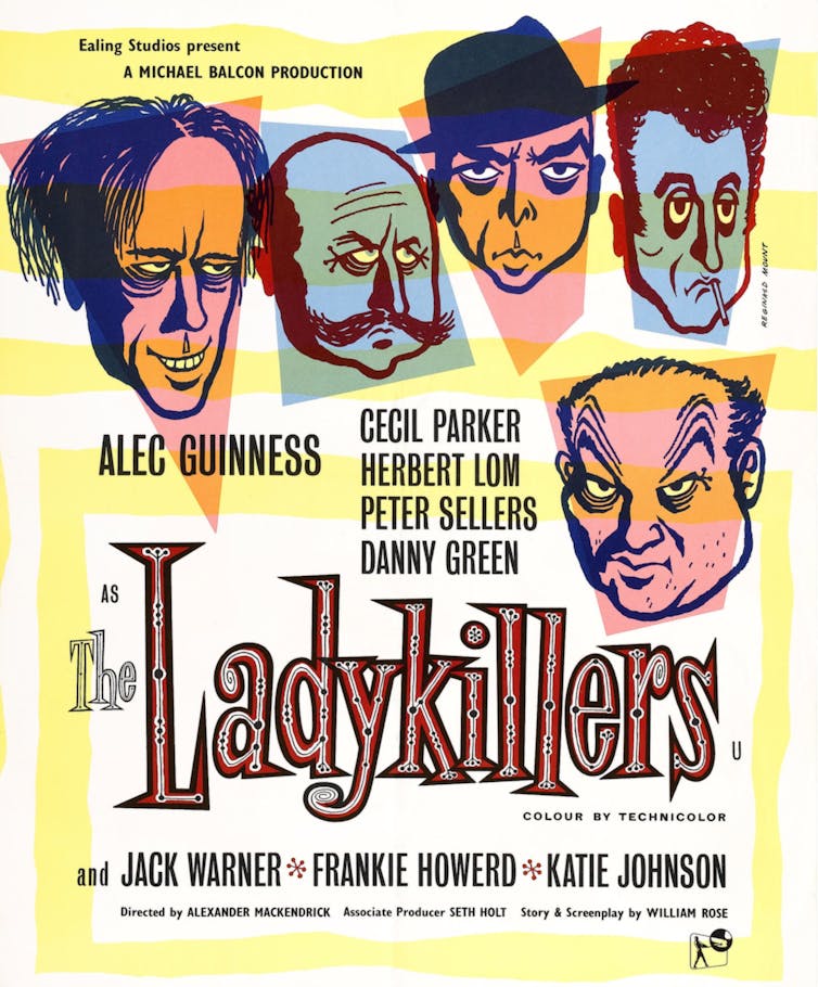 A colourful illustrated poster for the 1955 film The Ladykillers, showing cartoonish drawings of five characters above the film title.