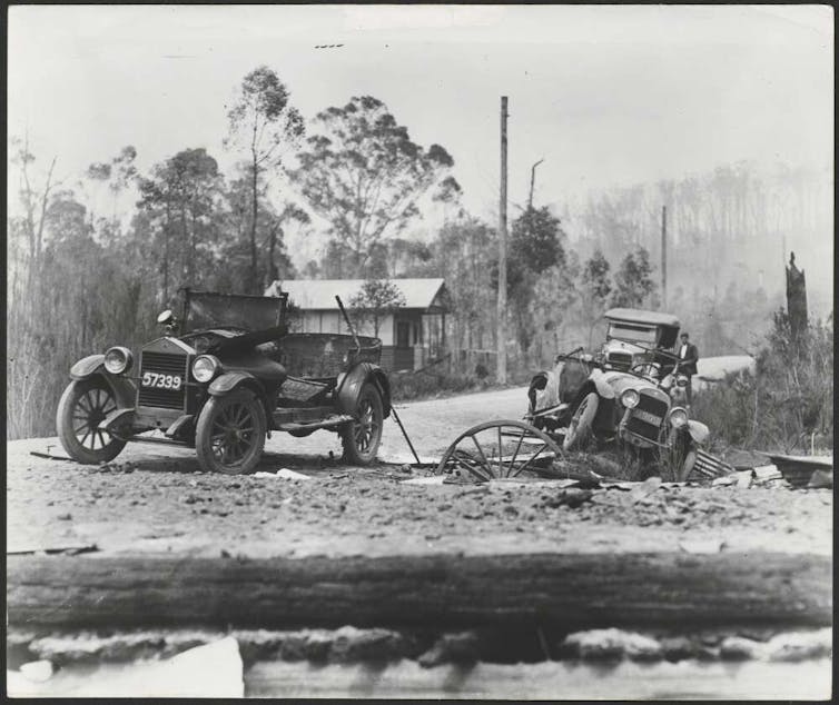 burned out cars on road after 1939 fires.