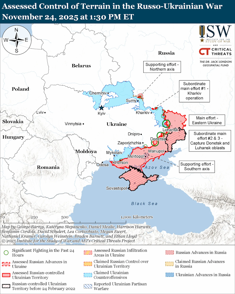 ISW map showing the state of the conflict in Ukraine, November 24 2025.