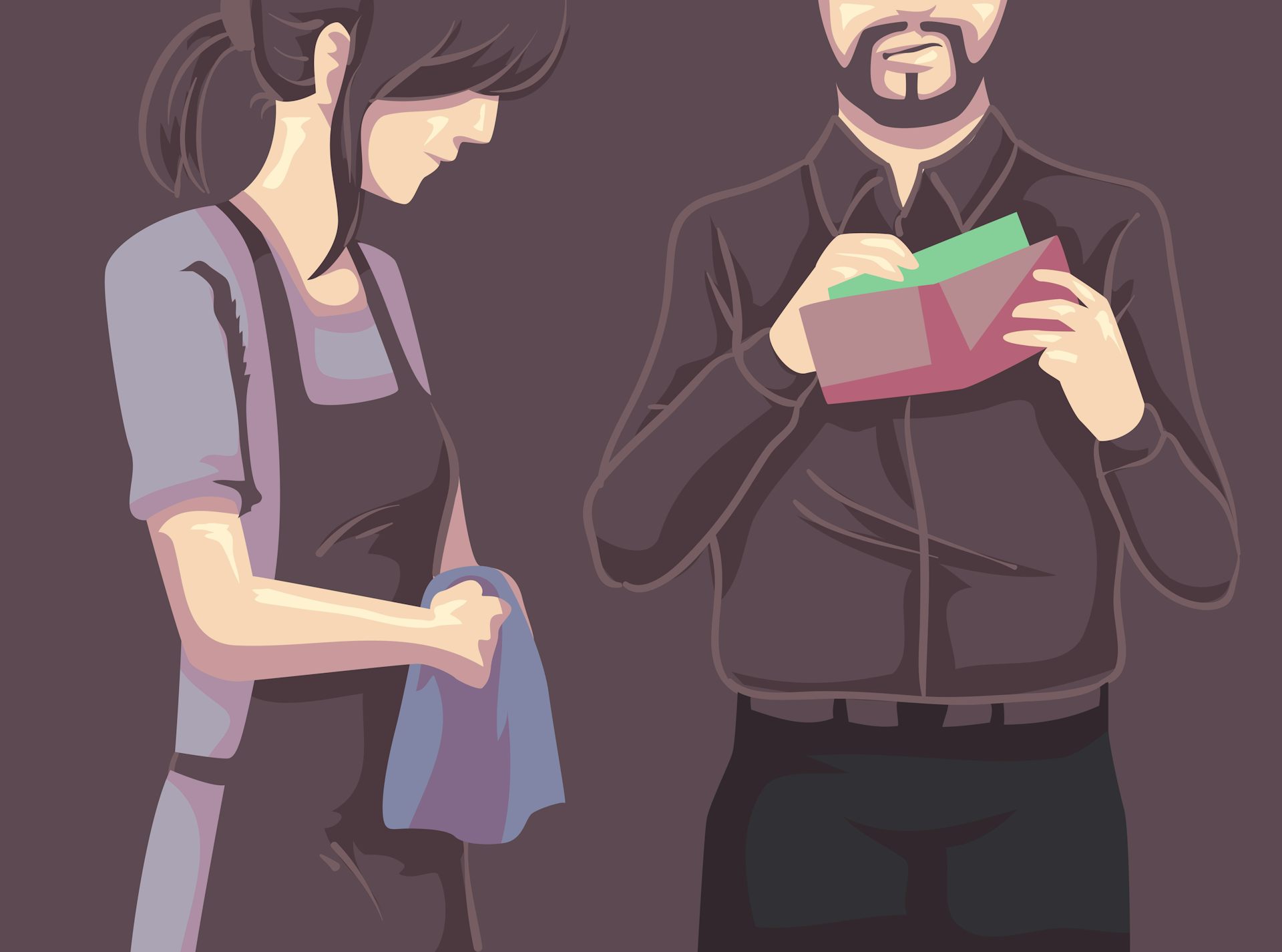 Illustration of a man looking through a woman's wallet.