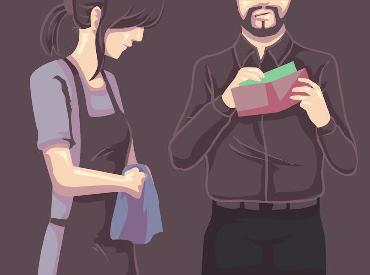 Illustration of a man looking through a woman's wallet.