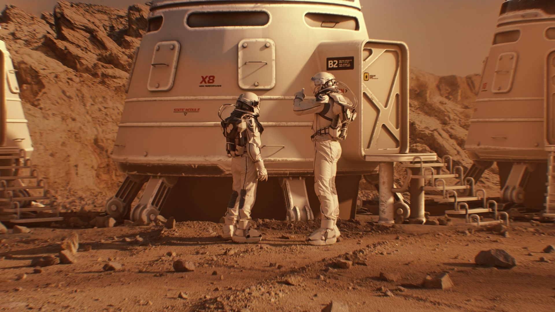 Two astronauts in spacesuits walk toward research station, colony or scientific base on Mars.