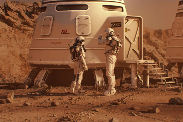 Two astronauts in spacesuits walk toward research station, colony or scientific base on Mars.