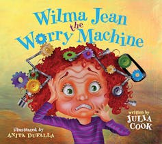 Book cover illustration for Wilma Jean the Worry Machine of a girl with gears swirling around her head.
