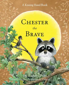 Illustration of a raccoon looking sideways at a bird in a tree.