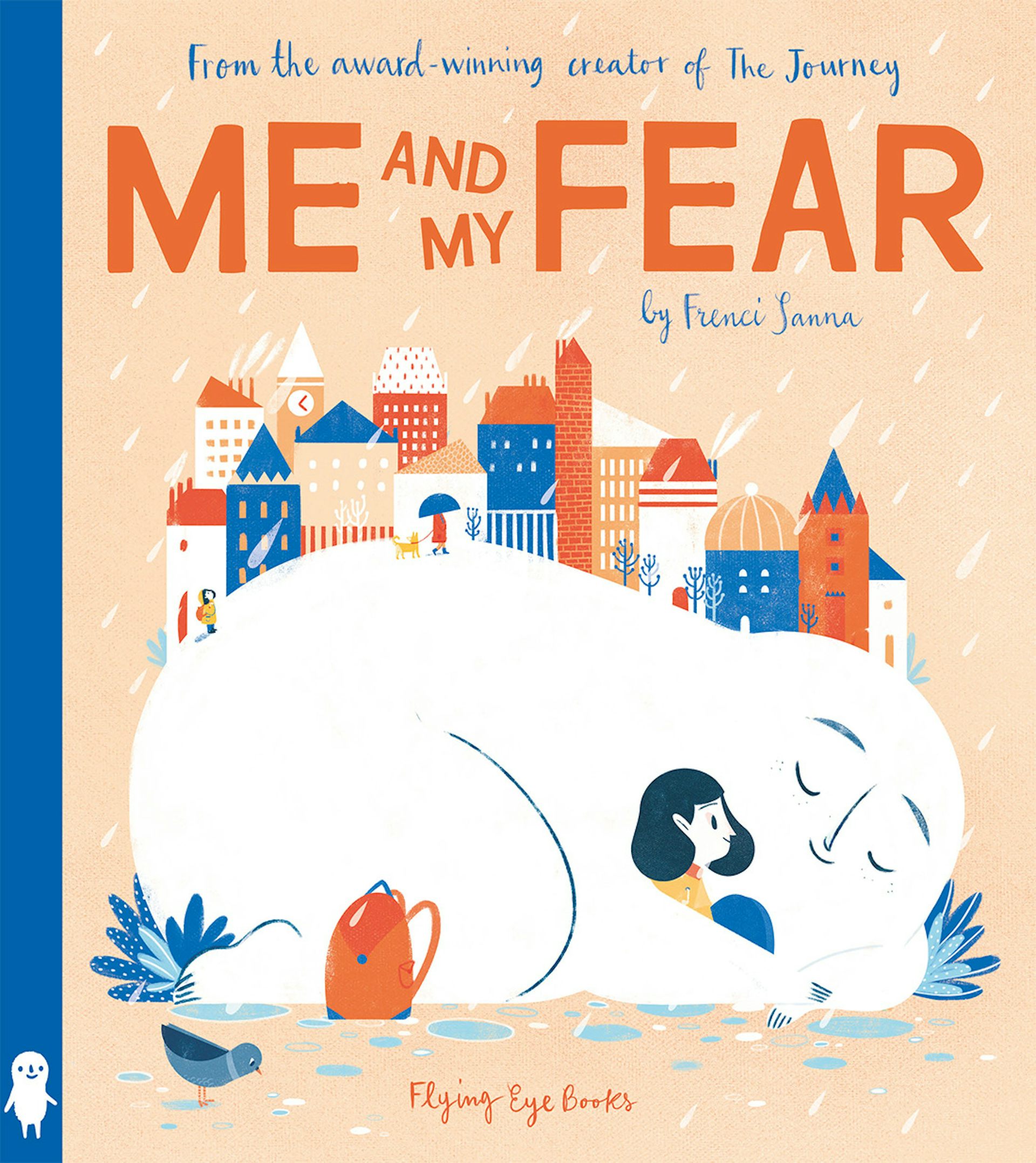 a large sleeping blob of a creature with a child gently sitting with them in front of a cityscape.