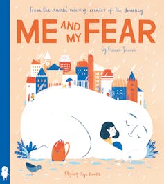 a large sleeping blob of a creature with a child gently sitting with them in front of a cityscape.