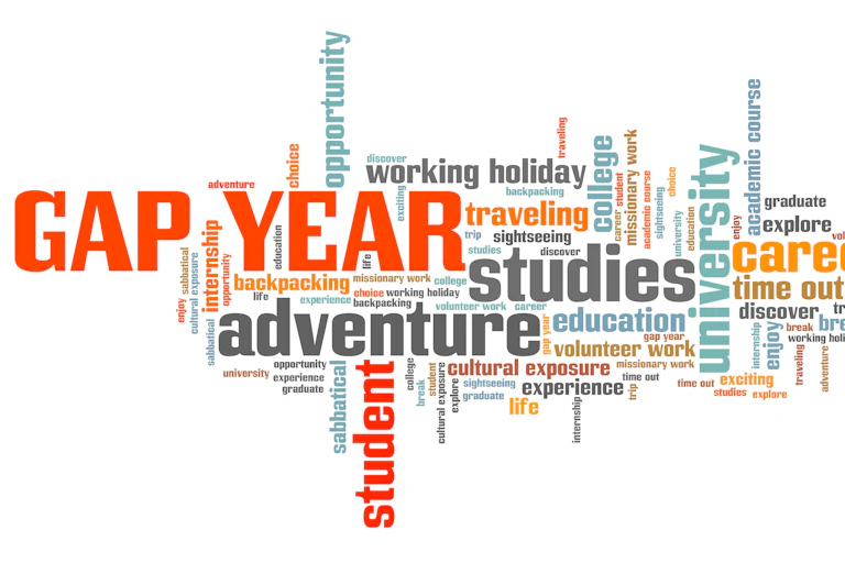 A word jumble has words like "gap year," "adventure" and "studies."