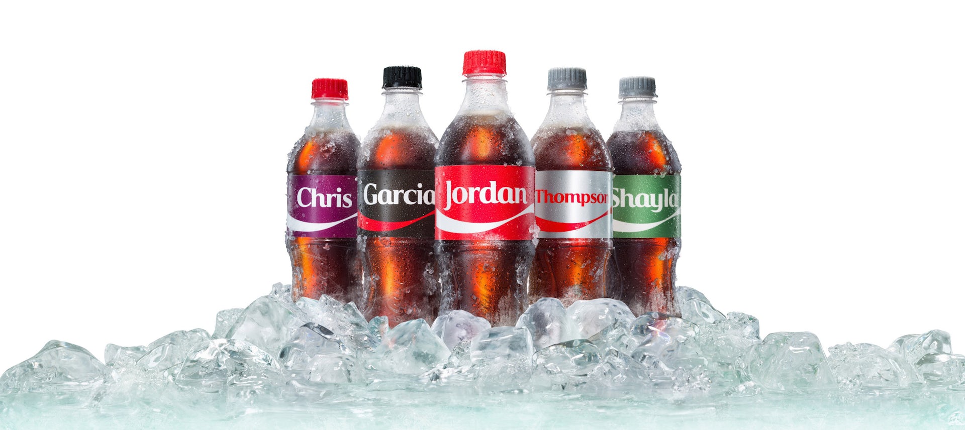 Five soft drink bottles, each featuring labels with a different name.