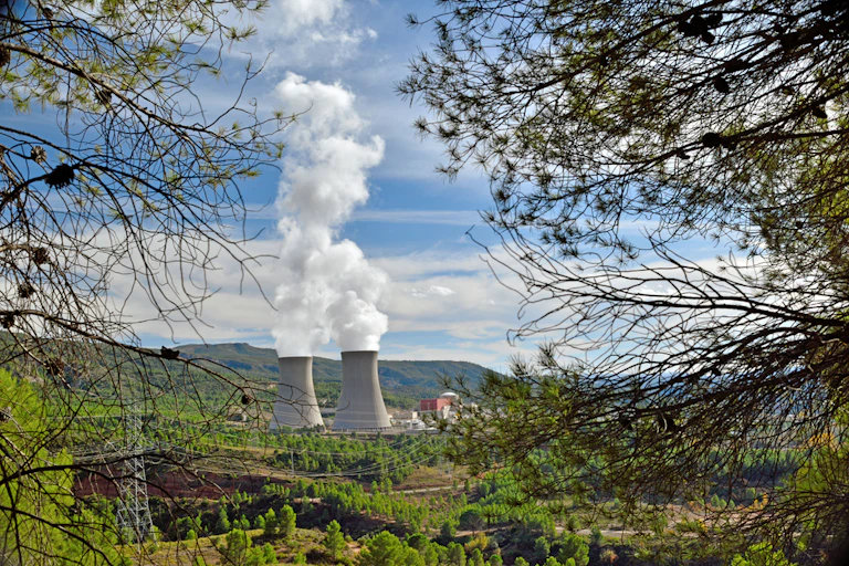 Dos grandes chimeneas humeando en medio de un paisaje campestre