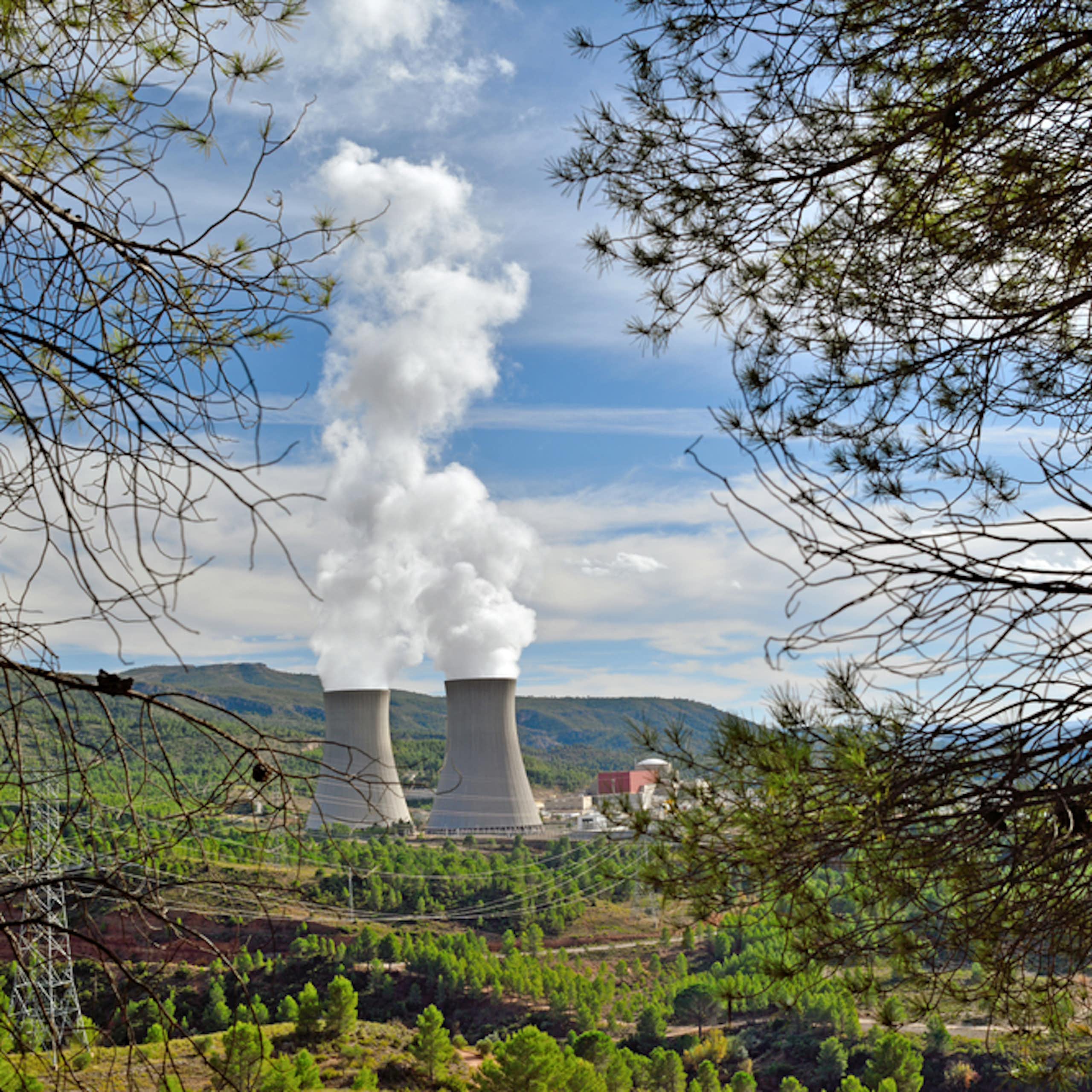 Dos grandes chimeneas humeando en medio de un paisaje campestre