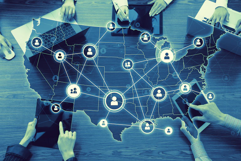 A photoillustration shows a network of people superimposed on a map of the United States