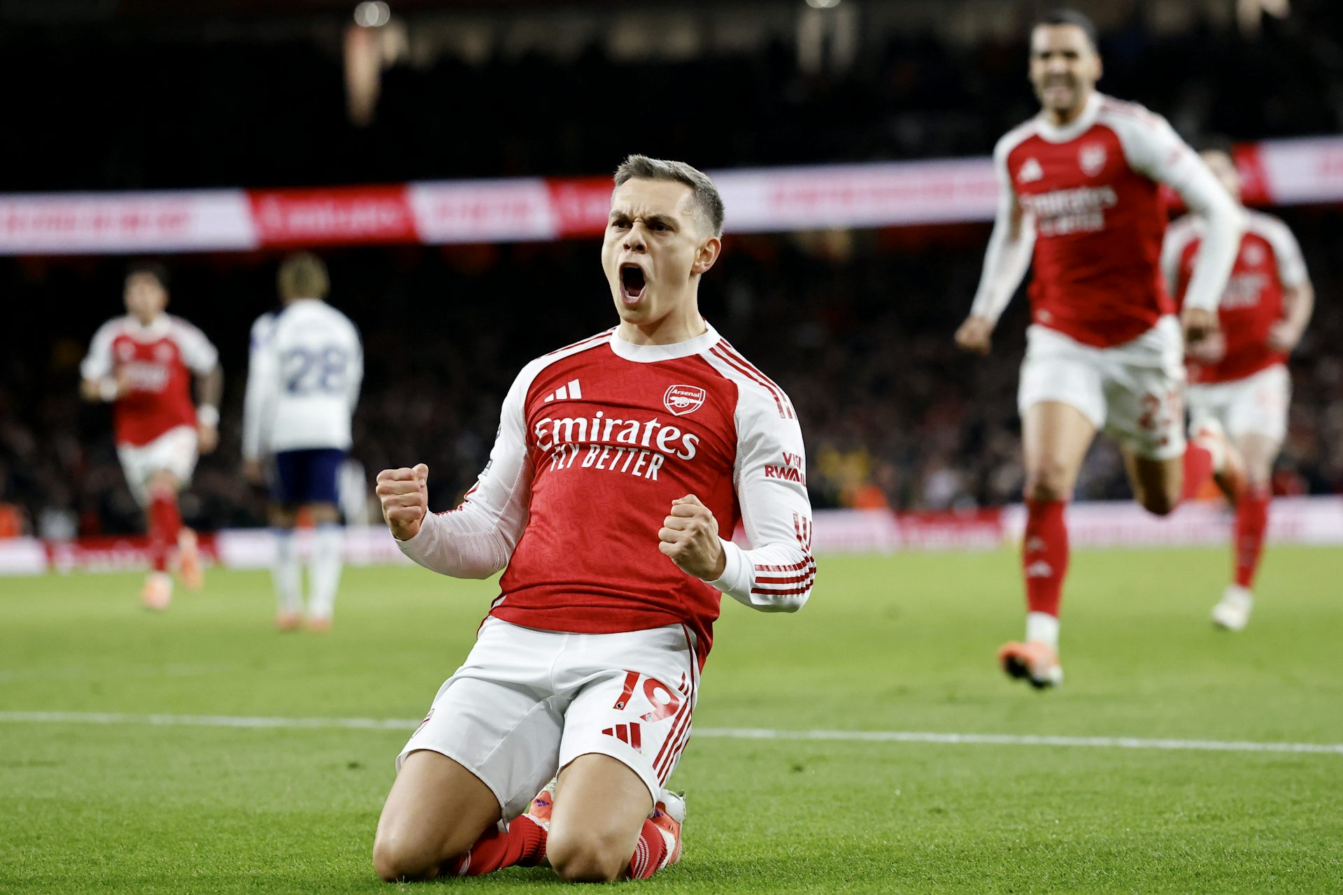 Leandro Trossard of Arsenal celebrates after scoring in the English Premier League match against Tottenham Hotspur.