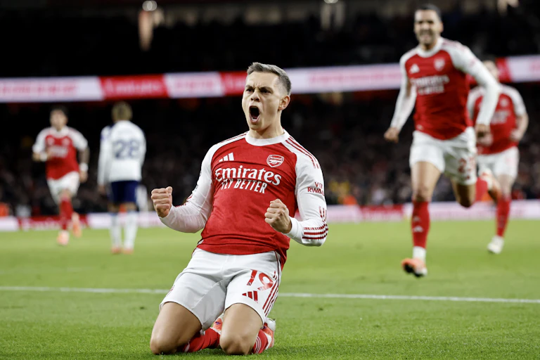Leandro Trossard of Arsenal celebrates after scoring in the English Premier League match against Tottenham Hotspur.