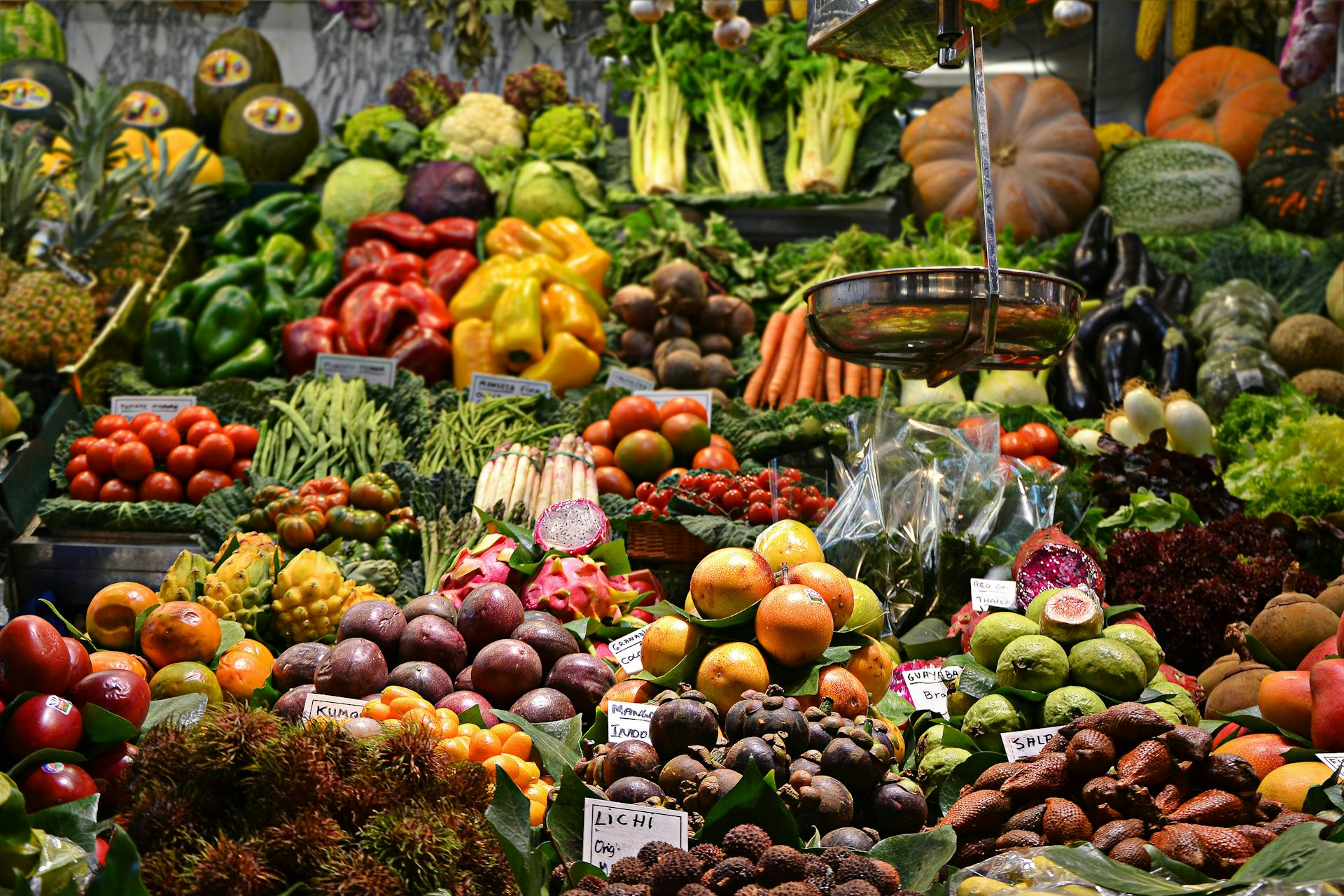 Closeup of fresh food in a shop inside Mercado de La Boqueria, in Barcelona.