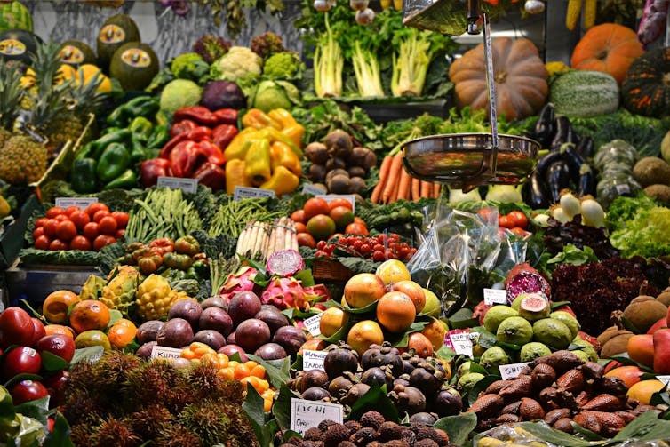 Closeup of fresh food in a shop inside Mercado de La Boqueria, in Barcelona.