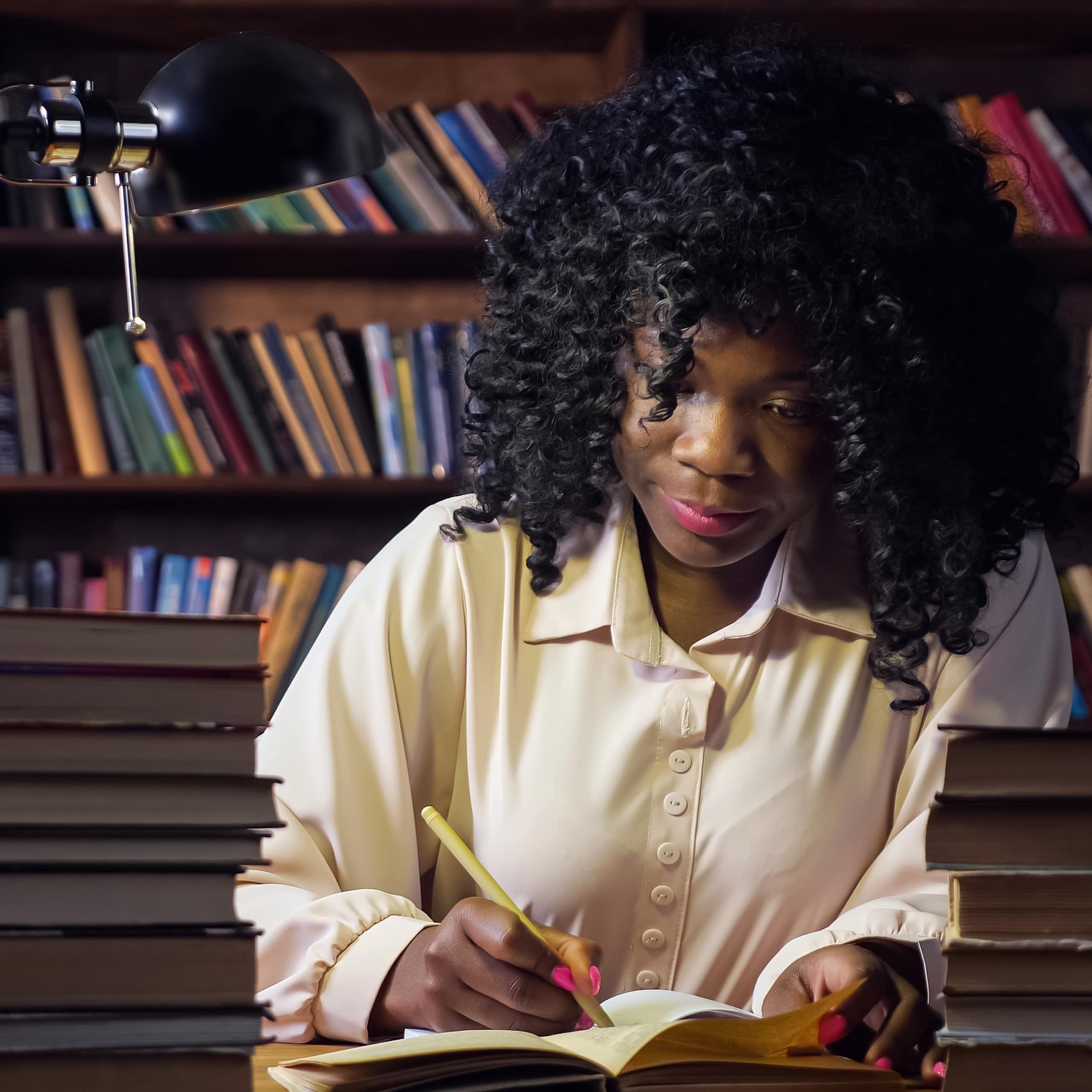 Black woman working at desk surrounded by books