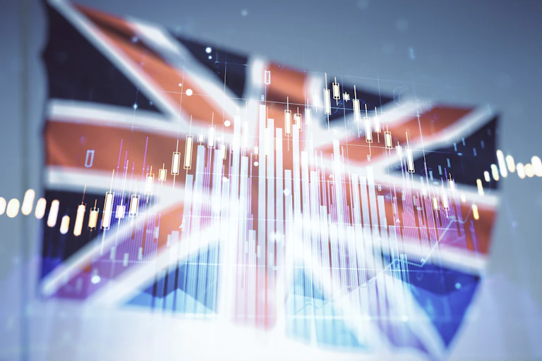 UK flag with digital chart overlay.