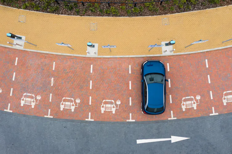 Aerial view of electric vehicle at charging point.
