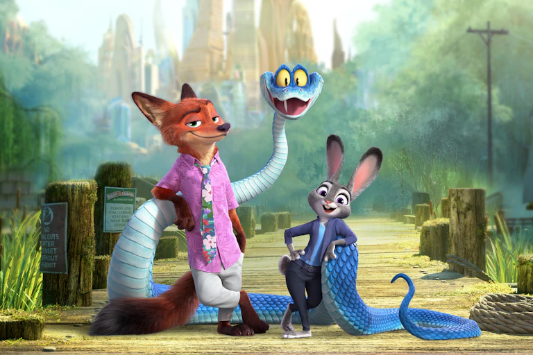 An image from a Disney animation showing a fox, a snake and a rabbit against a city background in the distance.