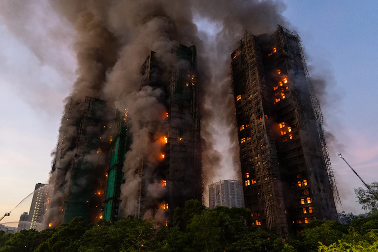 Three buildings engulfed in flames.