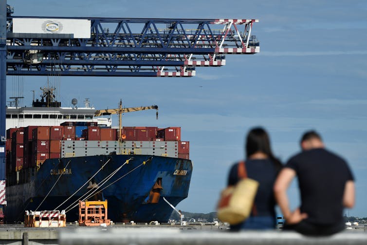 A container ship is unloaded at the Port Botany container terminal in Sydney