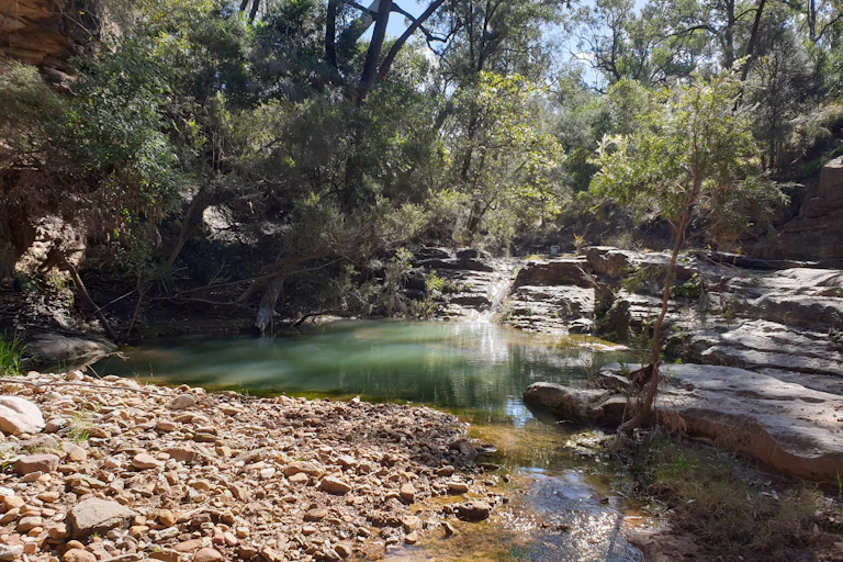 A dark green pool in a rocky waterhole.