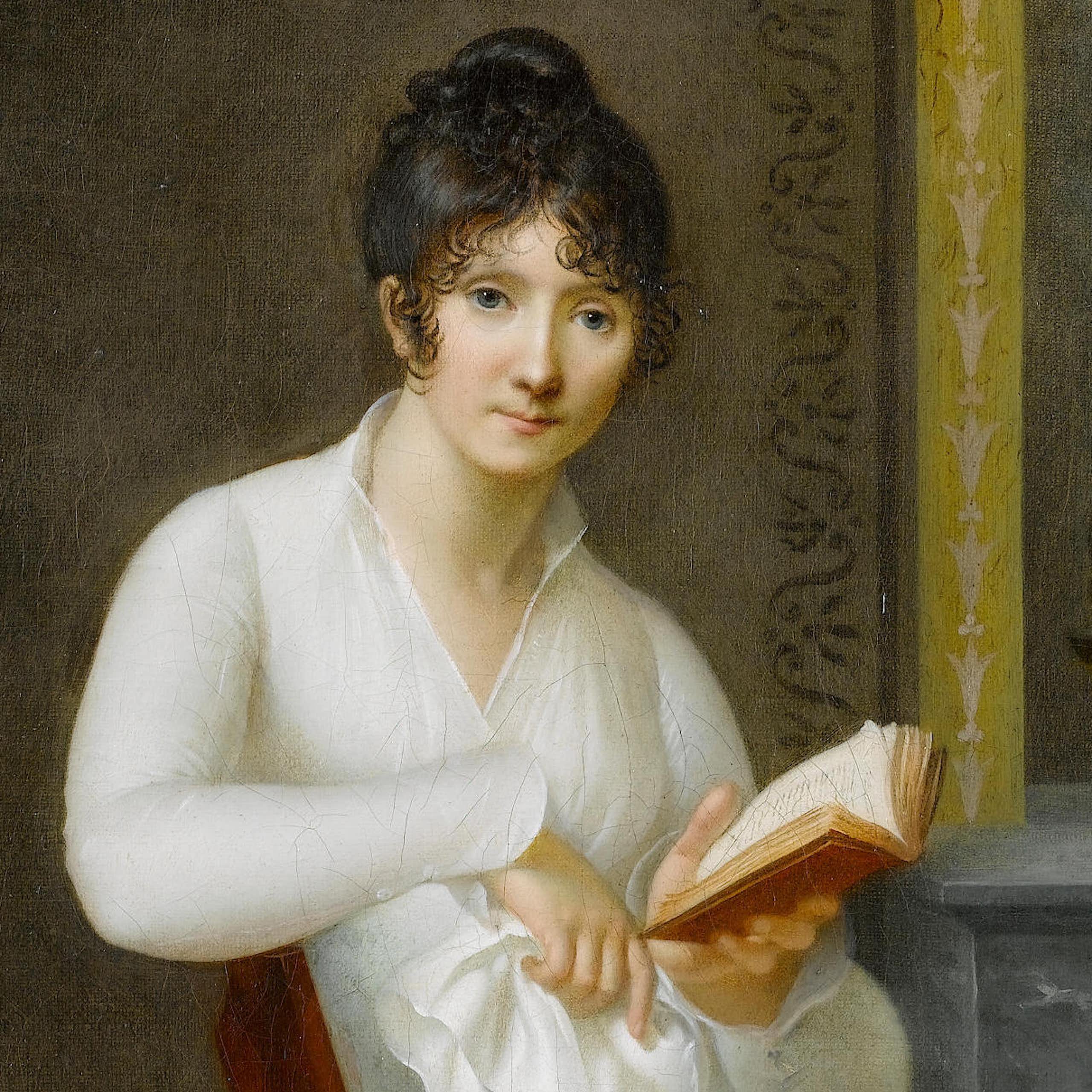 Portrait of a young lady, seated small three-quarter-length, before a fireplace, in a white dress, holding a book