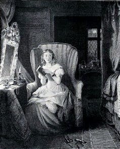 Illustration of a Regency woman reading in a chair looking frightened
