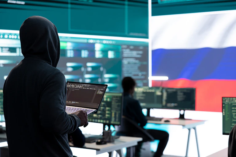 Un hacker sostiene un portátil en una sala con la bandera de Rusia al fondo