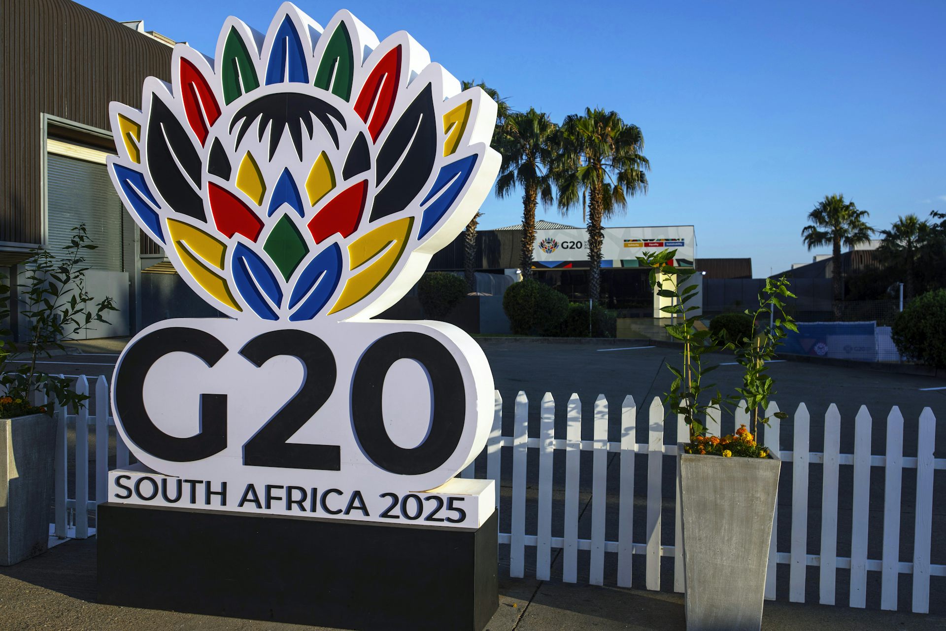 The G20 South Africa emblem of a protea flower outside the meeting venue