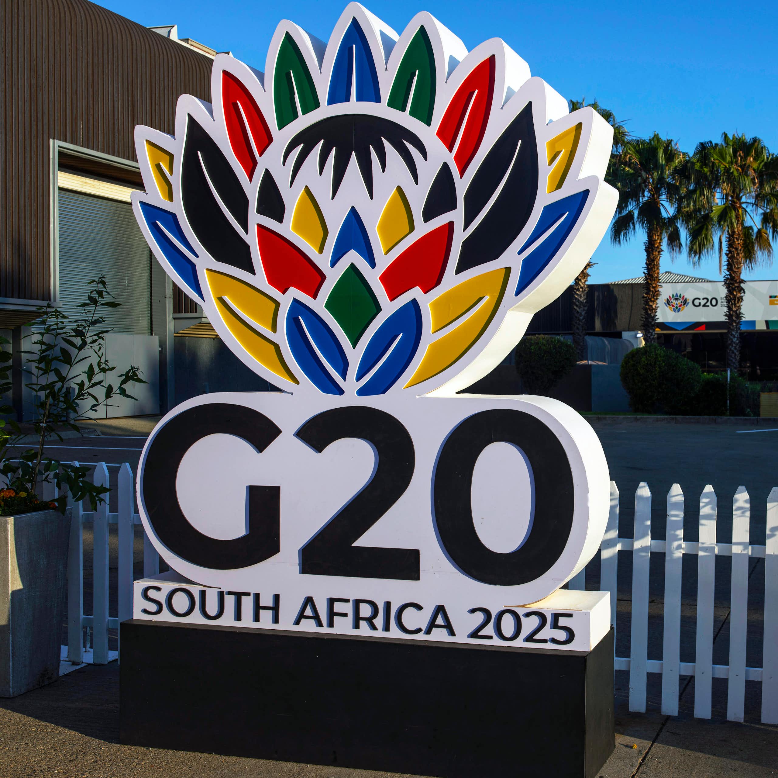 The G20 South Africa emblem of a protea flower outside the meeting venue