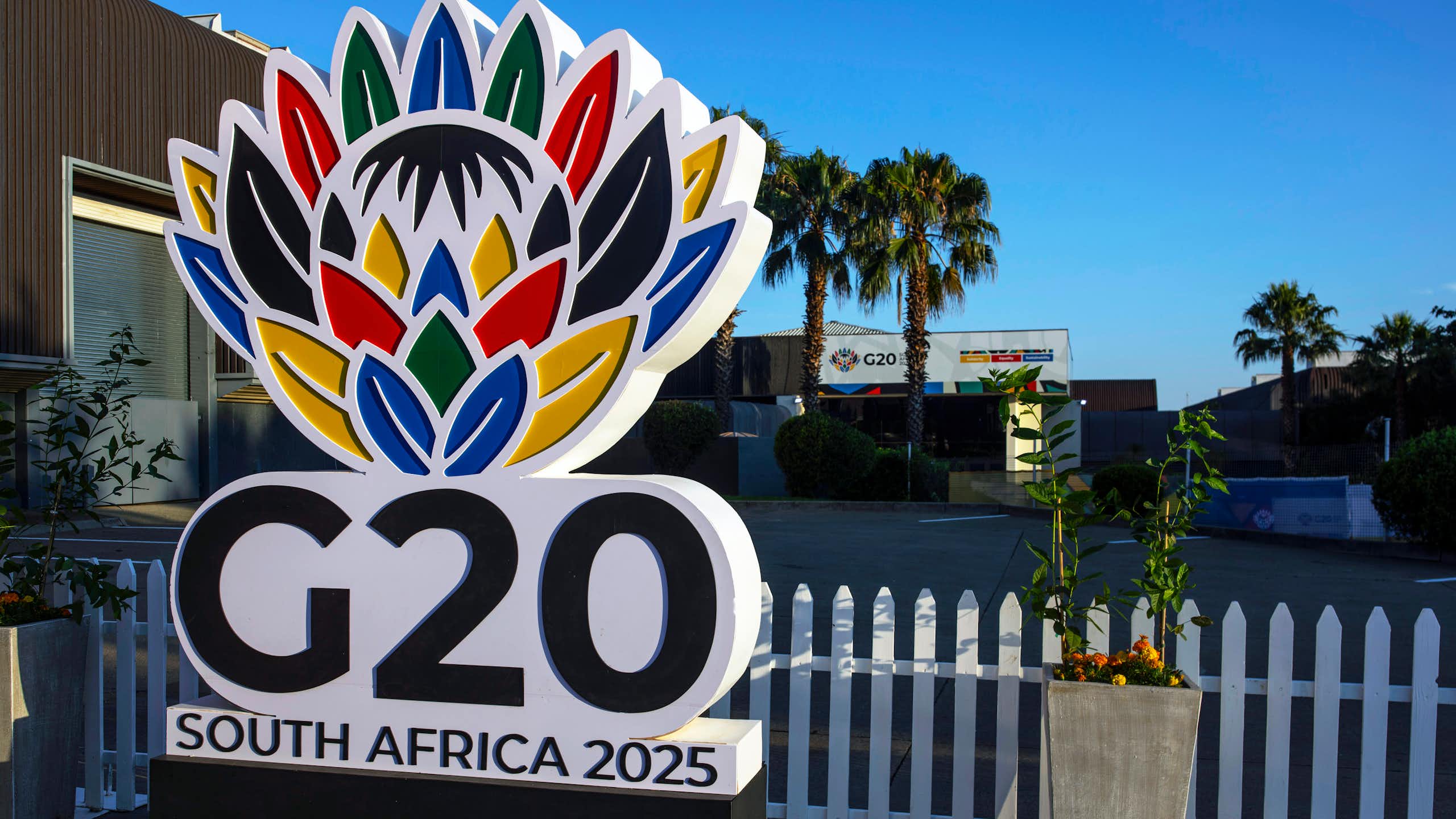 The G20 South Africa emblem of a protea flower outside the meeting venue