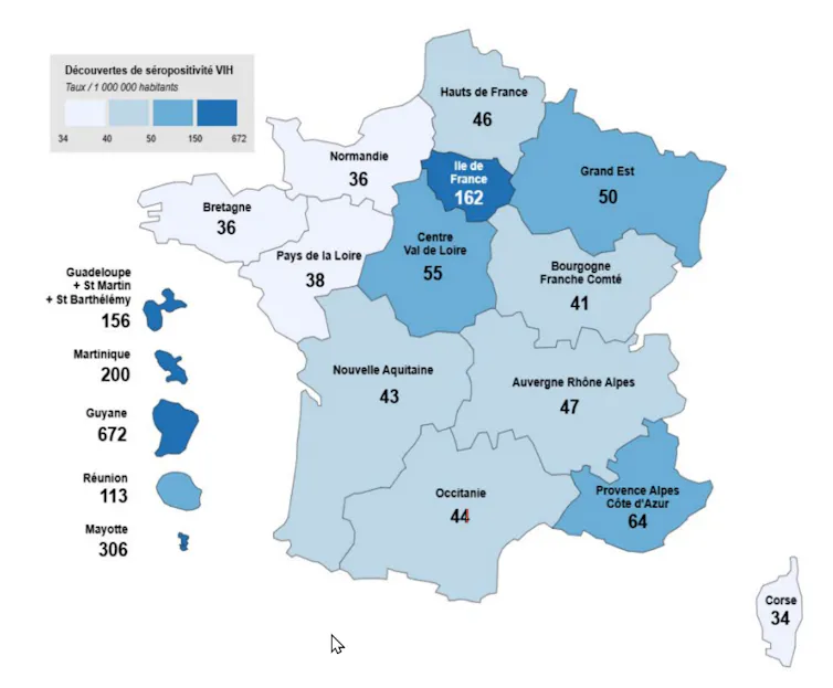 Carte des taux de découvertes de séropositivité VIH par région de domicile (par million d’habitants), France, 2024.